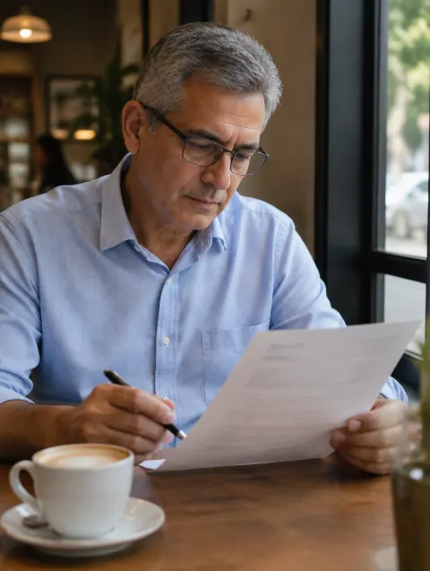 Homem lendo um currículo impresso numa mesa de café
