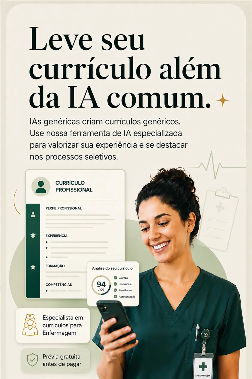 Leve seu currículo além da IA comum — mockup de currículo profissional e foto de enfermeira sorrindo conferindo pelo celular a análise do currículo, nota 94/100 em clareza, relevância, resultados e apresentação