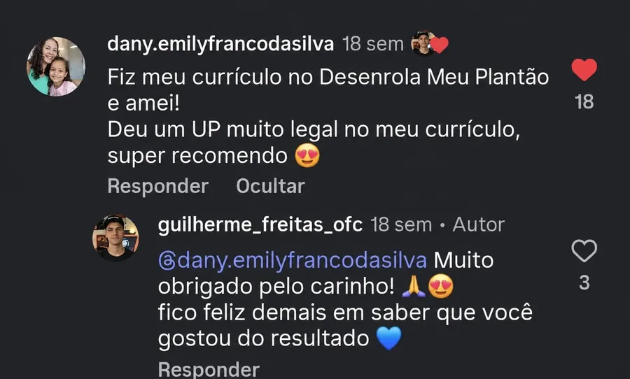 Comentário real de cliente no Instagram — amei o currículo, deu um UP muito legal