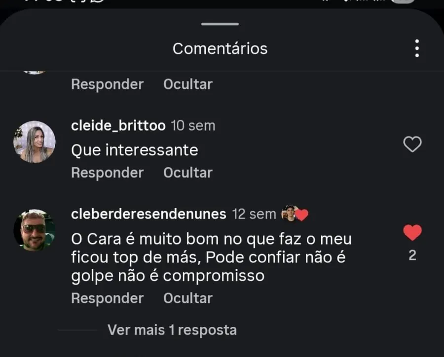 Comentários reais de clientes no Instagram confirmando resultado