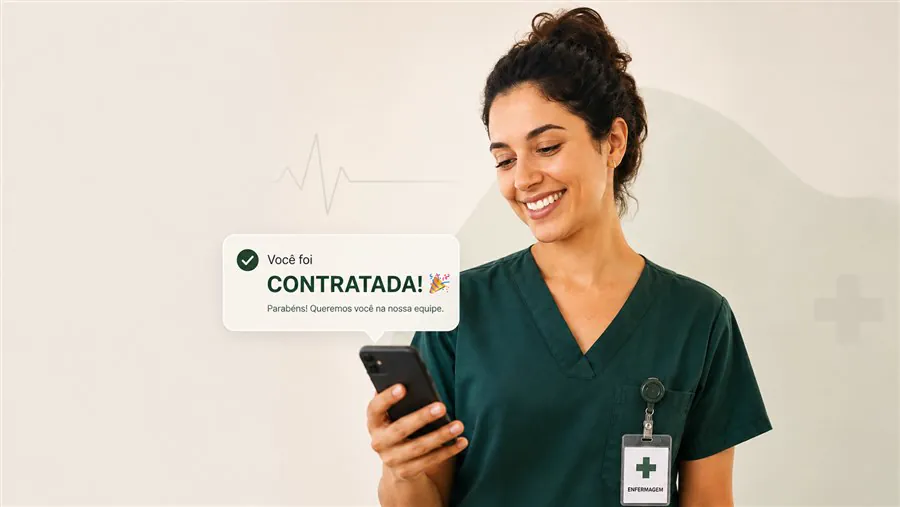 Técnica de enfermagem sorrindo ao ler mensagem no celular: Você foi contratada! Parabéns, queremos você na nossa equipe
